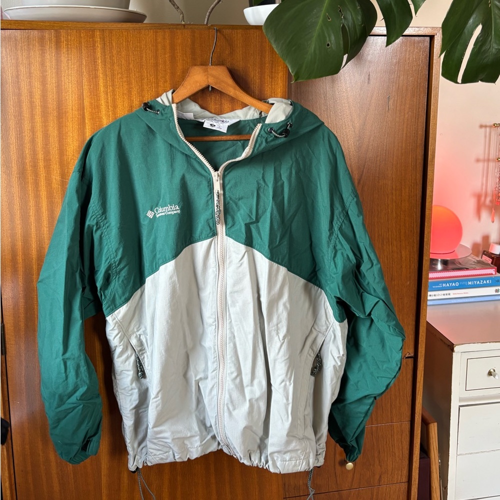 Columbia Green and Light Gray Hooded Windbreaker Jacket